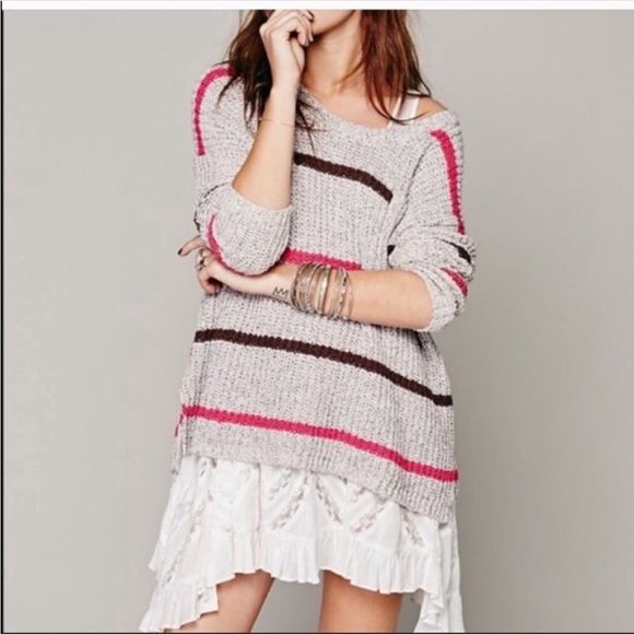 Free People Sweaters - Free People | Pink Brown Grey Oversized Greenwich Village Slouchy Striped Knit